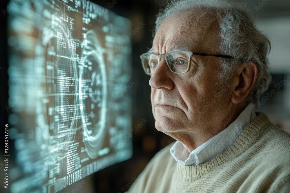 Aufkleber an elderly man with glasses intently studies complex data displayed on a bright screen.