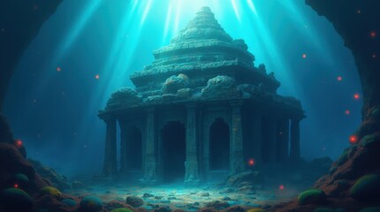 Submerged Ancient Temple with Glowing Blue Dots
