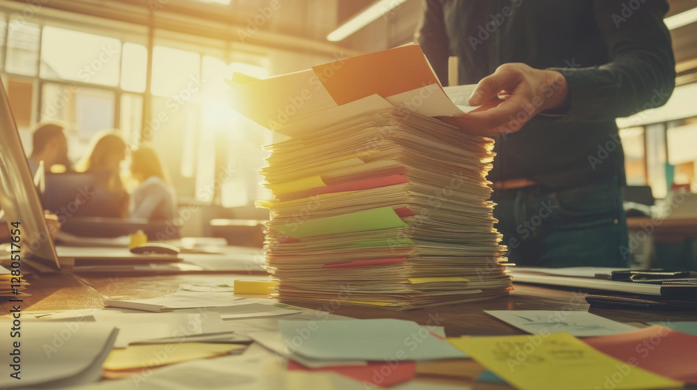Poster person organizing large stack of colorful documents in office setting, with sunlight streaming throu
