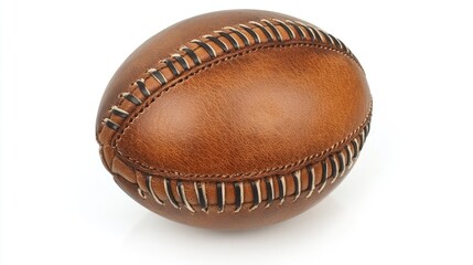 Classic rugby ball, soft brown leather finish with refined stitching, centered top-view perspective on a white background.