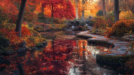 Autumnal Garden Landscape with Red and Orange Leaves Reflected in a Stream