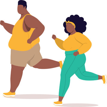 Overweight Black Couple In Activewear Jogging Together.