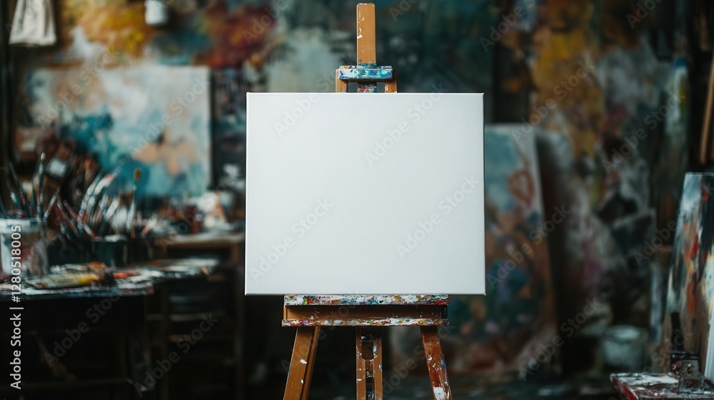 Poster blank canvas on easel in colorful art studio setting