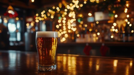 Alcohol consumption at a festive pub with ciders and holiday decorations. Featuring community and cheer