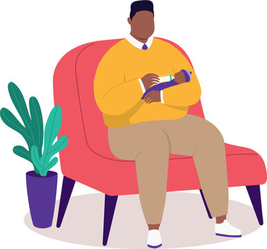 Plus Size Father Sitting On Couch Feeding His Newborn Baby With A Bottle Of Milk.