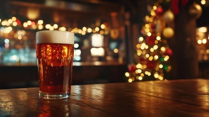 Alcohol consumption at a festive pub with ciders and holiday decorations. Featuring community and cheer