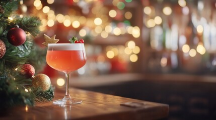 Alcohol consumption at a festive pub with holiday cocktails and vibrant decorations. Featuring celebration and cheer