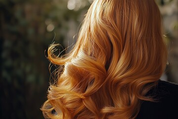 Close-up of flowing ginger hair with light waves set against a blurred natural background