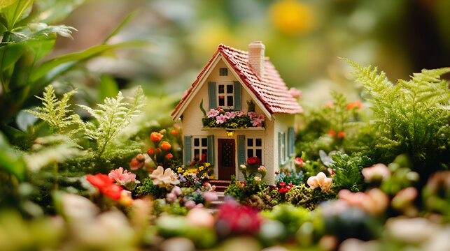 Enchanted Miniature House in Lush Garden Setting Perfect for Fairytale Fantasy and Cottagecore Design Projects