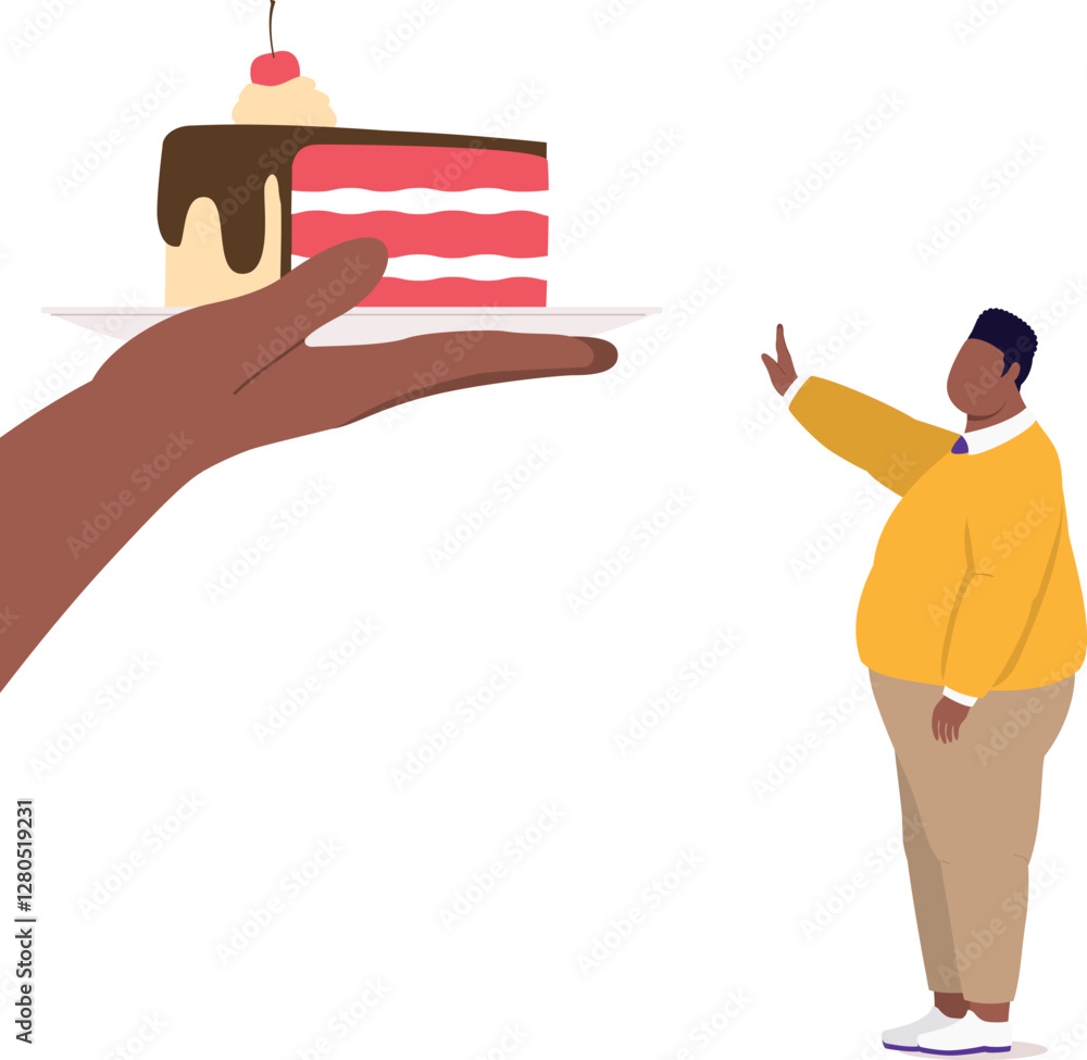 Poster side view of an overweight black man standing in stop gesture refusing a slice of a delicious cake o