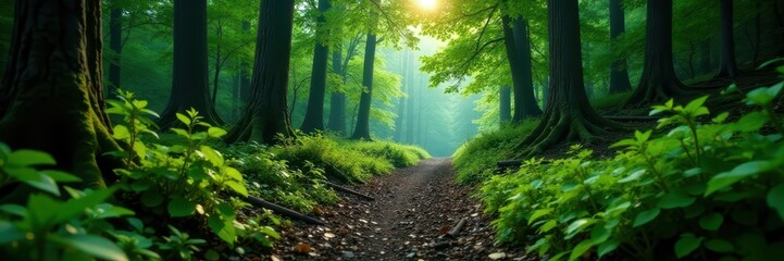 Fototapeta premium Gloomy green forest; narrow trail, decaying logs, Algonquin , rustic, humid