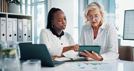 Financial, office and women with tablet, discussion and manager for feedback, training and graphs. Documents, teamwork and people with laptop, growth strategy and digital project report for finance