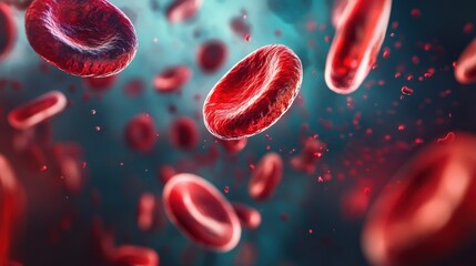 Fototapeta premium Blood Cells Microscopic View: A captivating macro view showcasing a multitude of blood cells in their characteristic red hue, suspended against a dynamic background of varying shades.