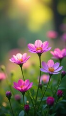 Fototapeta premium Lush pink and purple wildflowers with soft bokeh, texture, dreamy, outdoor