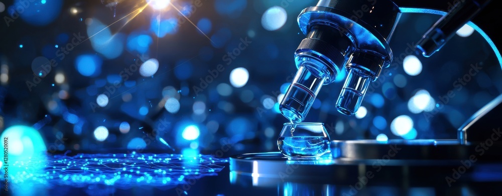 Aufkleber a close-up view of a microscope examining a sample, with vibrant blue bokeh lights in the background