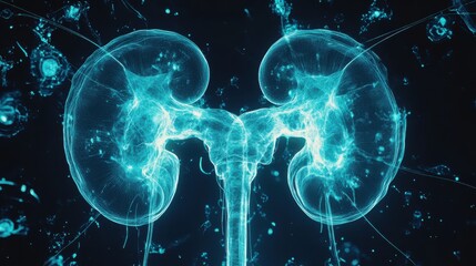 Obraz premium Human Kidney Illustration: A detailed and visually striking illustration of the human kidney, rendered in a high-tech, artistic style with a focus on clarity and educational appeal.