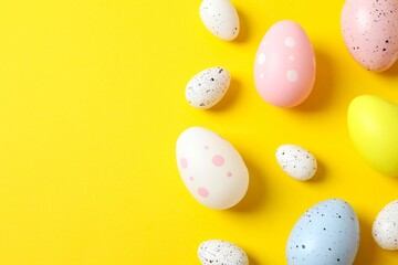 Flat lay composition with Easter eggs on color background