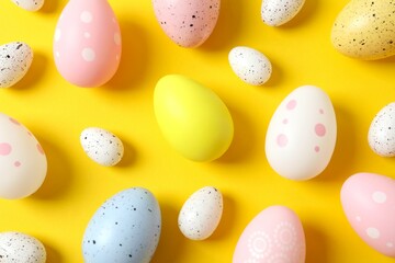 Flat lay composition with Easter eggs on color background