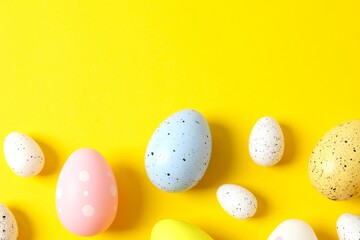Flat lay composition with Easter eggs on color background