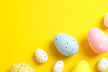 Flat lay composition with Easter eggs on color background