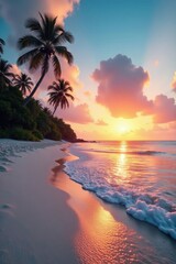 Soft white sand, gentle waves lapping shore, palm trees silhouette against sunset, landscape, twilight
