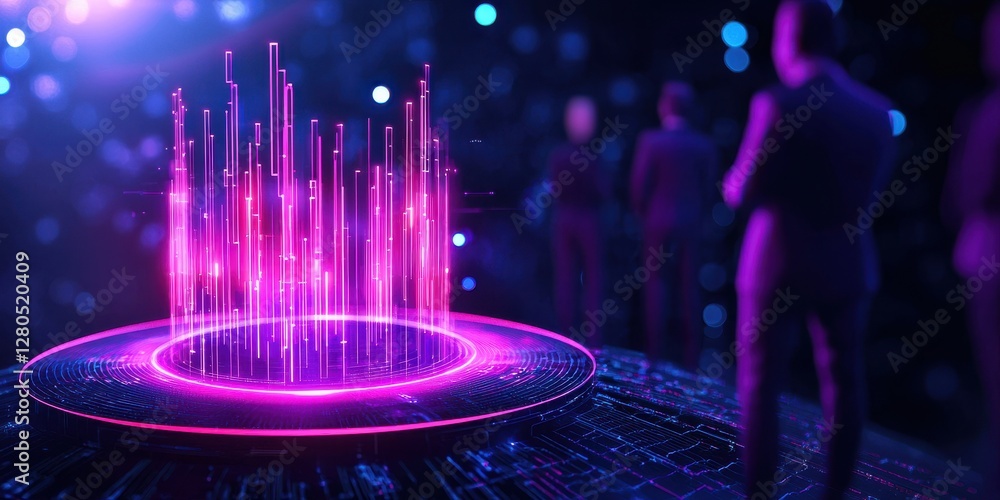 Poster a futuristic scene with glowing pink data spikes emerging from a circular platform, surrounded by sh