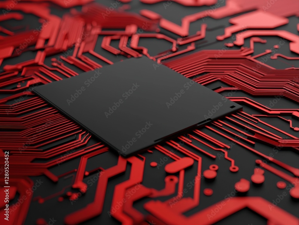 Poster a close-up view of a black microchip on a vibrant red circuit board, showcasing intricate electronic