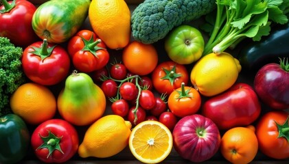 A dazzling array of organic fruits and vegetables, showcasing nature's spectrum , red, vibrant, summer