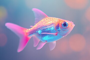 Fototapeta premium A vibrant, iridescent fish swims in a dreamy, pastel-colored underwater scene.