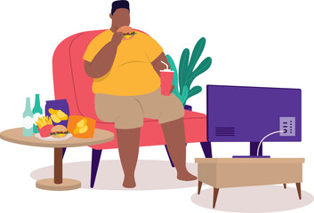 Overweight Black Man Eating Unhealthy Food While Watching TV. Binge Eating.