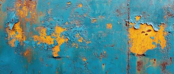 Peeling Paint on Metal Surface in Vibrant Blue and Yellow Tones
