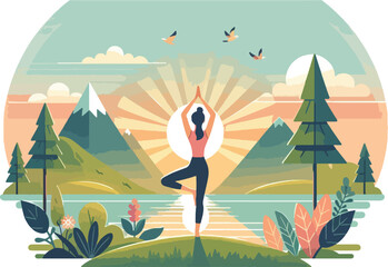 Yoga in Nature, A peaceful character practicing tree pose on a grassy hill during sunrise, with mountains and a calm lake in the background