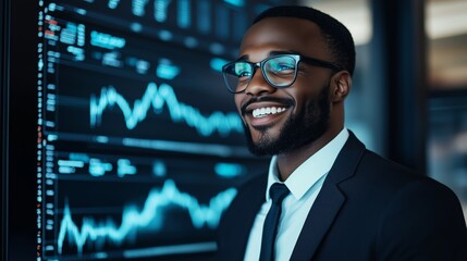 A businessman smiling while checking stock market updates