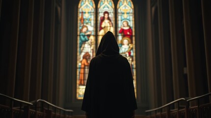 Hooded Figure at the Entrance of an Ancient Cathedral