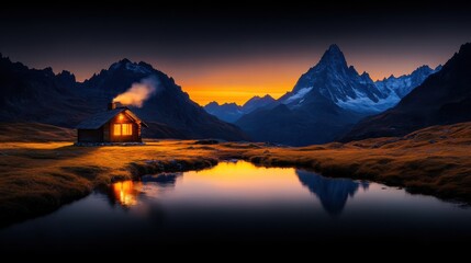 A serene highland meadow surrounded by towering mountains. The golden light of sunrise touches the tips of the peaks, casting long shadows over the rolling green fields.