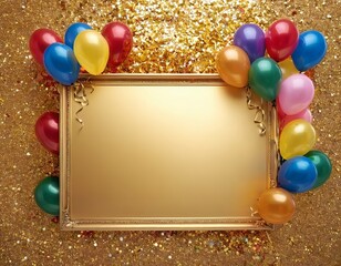 Colorful balloons frame an empty gold picture frame on a glittery background, perfect for celebrations.