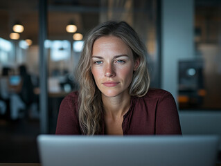 Professional young woman working on a laptop in a contemporary corporate environment.