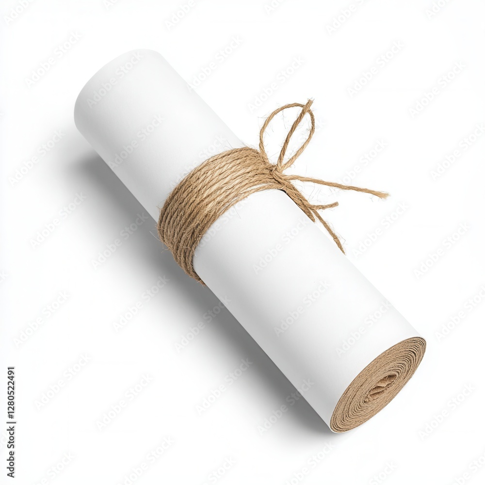 Poster white scroll wrapped in twine on a plain white background