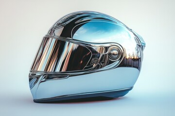 Fototapeta premium A chrome motorcycle helmet with a visor, reflecting a sky, showcasing sleek design and protective features.