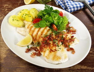 Grilled Plaice Fish Fillet with Bacon