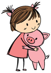 Girl Hugging a Cute Pig