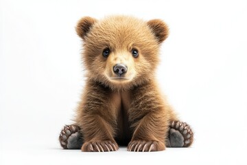 Adorable brown bear cub sitting, looking directly at the camera against a white background.