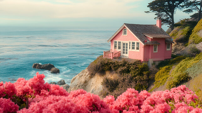 Pink Oceanfront Cottage Coastal Cliffside Home Dream House Sea View California Coastline