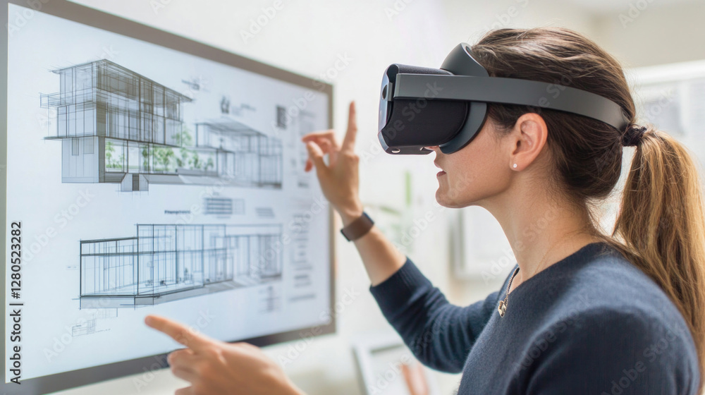 Poster architect wearing virtual reality headset exploring interactive model of building