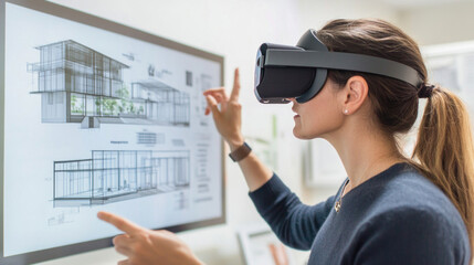 Architect wearing virtual reality headset exploring interactive model of building