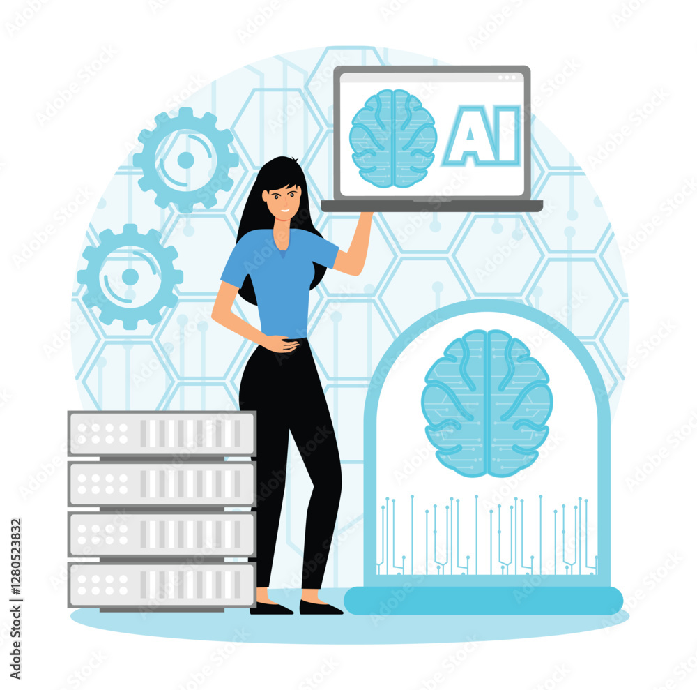 Poster presentation ai technology with brain and data servers.
