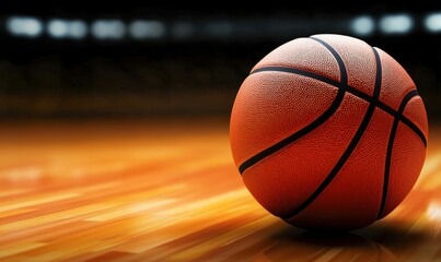Obraz premium Basketball on a Wooden Court Under Stadium Lights