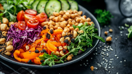 Healthy snack plate with colorful vegetables and a variety of nuts arranged beautifully on a dark surface