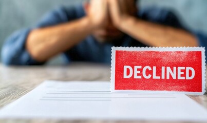 Rejected Document with Declined Stamp and Frustrated Man in Background