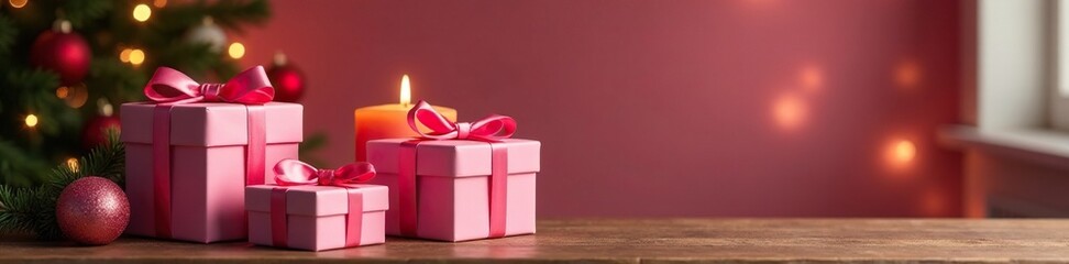 Pink gift boxes on a wooden table with candles, pink gift boxes, festive ambiance, holiday decor